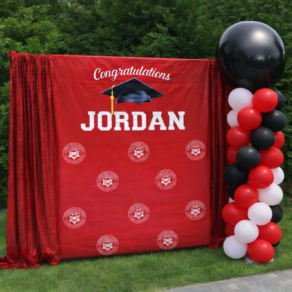 Graduation balloon column and backdrop the brat shack