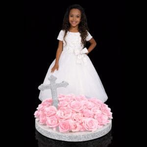 photo centerpiece with cross and flowers