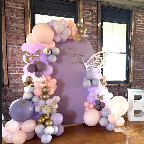 Butterfly theme Wall Panel Backdrop with Balloon Garland the brat shack