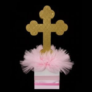 pink and gold cross centerpiece