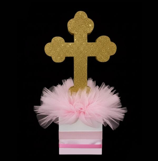 pink and gold cross centerpiece