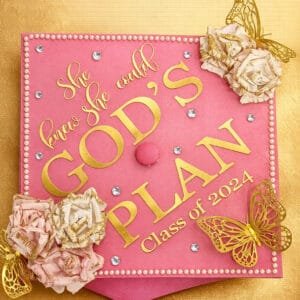 Pink & Gold Graduation Cap Topper — “She Believed She Could So She Did” Class of 2026 Grad Cap Decor