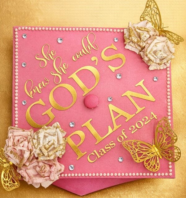 Pink & Gold Graduation Cap Topper — “She Believed She Could So She Did” Class of 2026 Grad Cap Decor