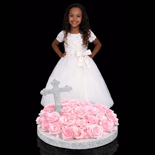 photo centerpiece with cross and flowers
