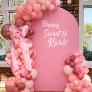 sweet 16 balloon garland with pink bow