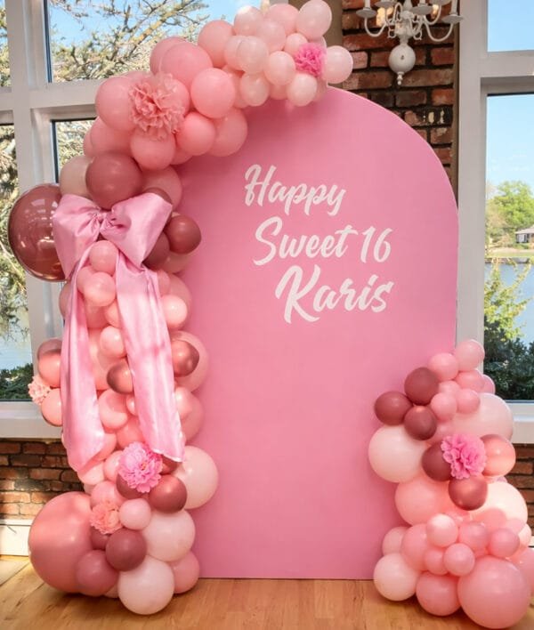 sweet 16 balloon garland with pink bow