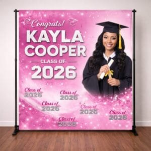 Pink Galaxy Graduation Backdrop with photo