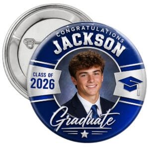 blue and silver graduation photo-button pin