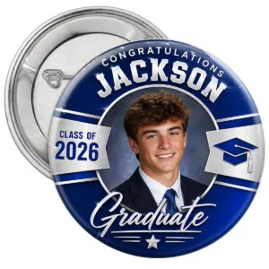 blue and silver graduation photo-button pin