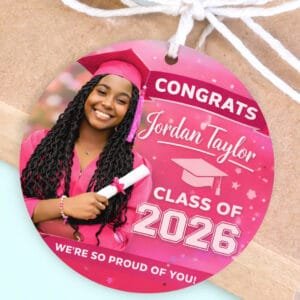 custom photo Pink Graduation favor tag