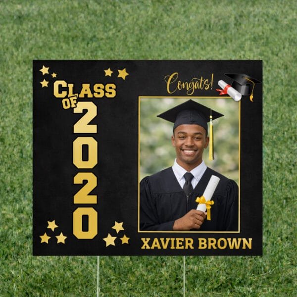 Custom Graduation Yard Sign with Photo - Black & Gold Stars - The Brat ...