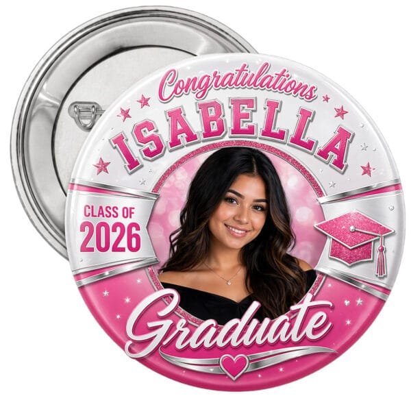 pink graduation photo-button pin on