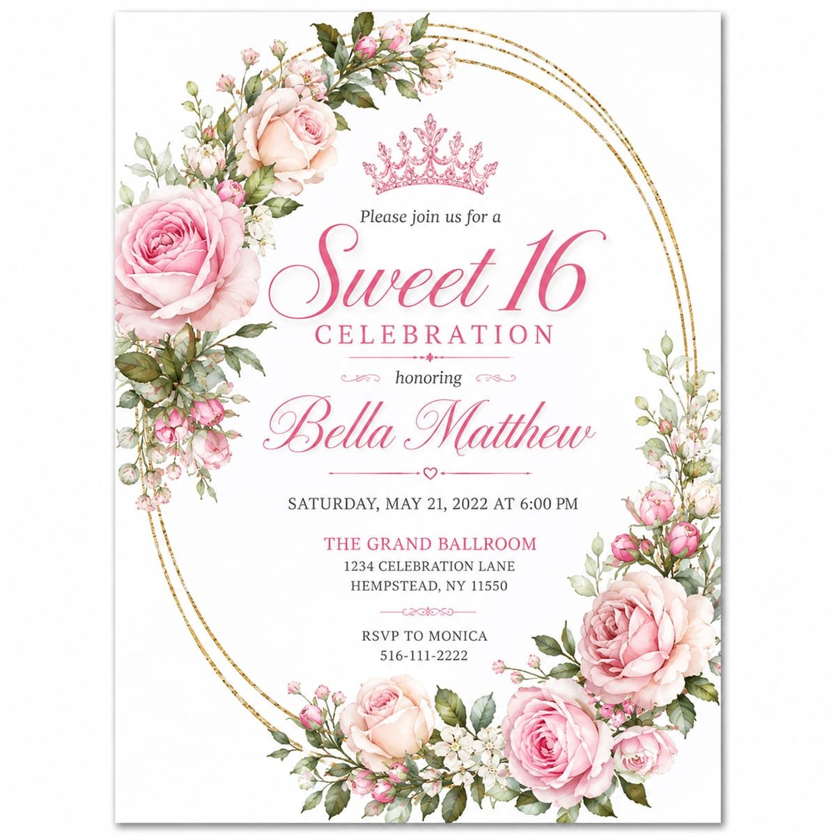 Elegant Pink and Gold Sweet 16 Invitation