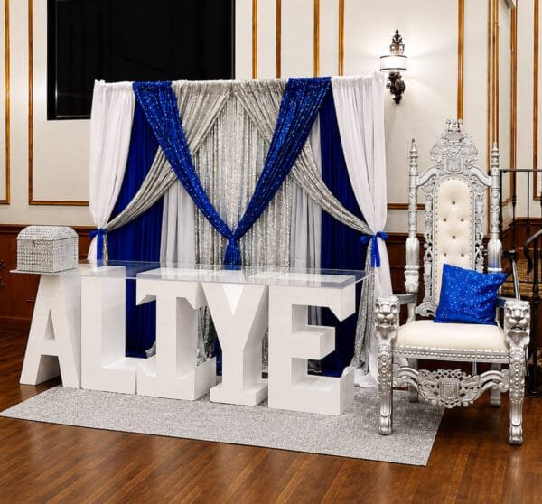 fabric Backdrop, name table & Throne chair