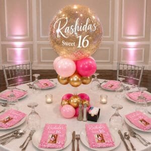 confetti-sweet 16 balloon-table settupthe brat shack