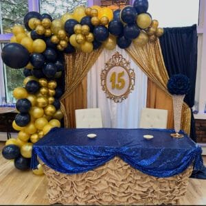 Navy & Gold backdrop with balloon garland
