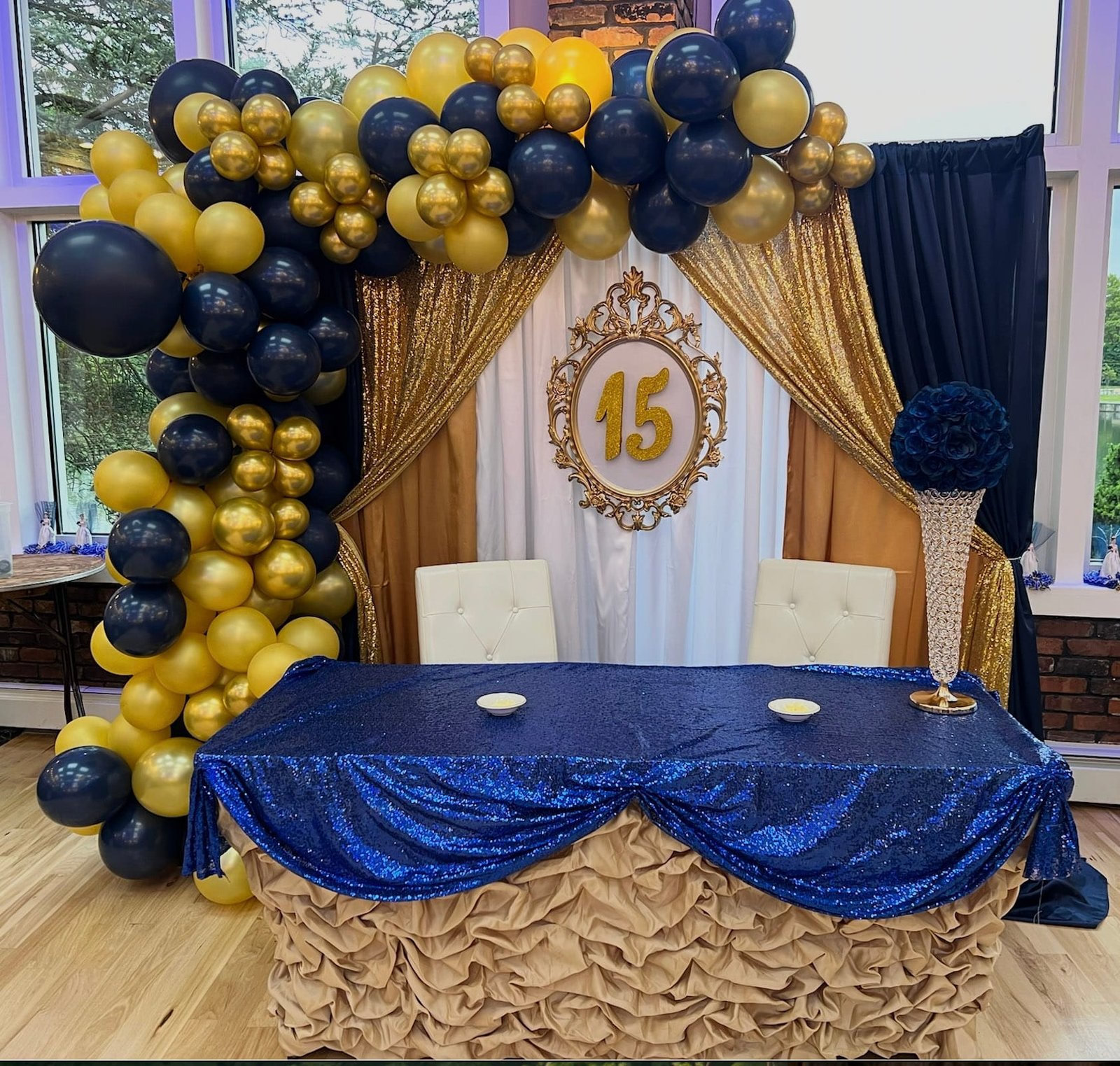 Navy & Gold backdrop with balloon garland