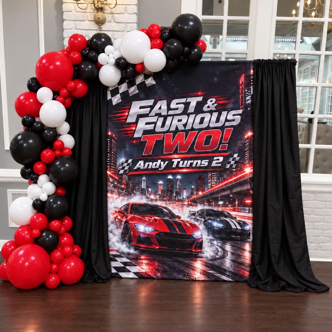Fast & Furious 2nd birthday backdrop and balloon