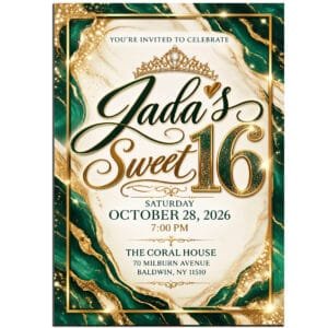Emerald Green and Gold Marble Sweet 16 Invitation personalized with name and party details