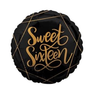 Black and Gold Mylar foil helium Sweet 16 balloon