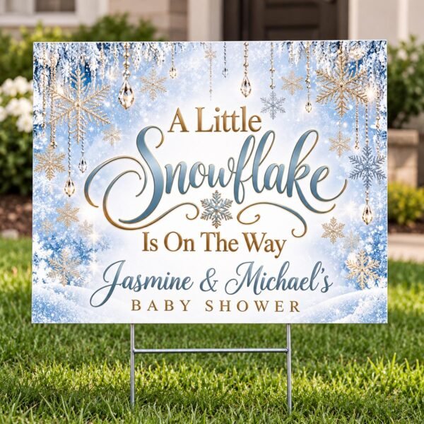 Elegant Winter Wonderland Baby Shower Yard Sign featuring blue and silver snowflakes, gold ornaments, and custom names with A Little Snowflake Is On The Way design.