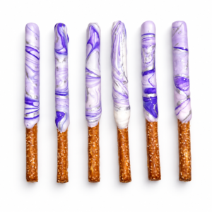 Six chocolate covered pretzel rods with purple, lavender and white marble swirls and silver accents