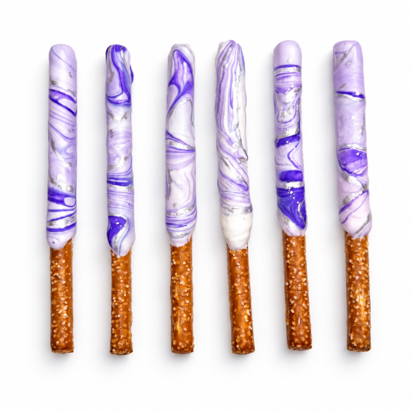 Six chocolate covered pretzel rods with purple, lavender and white marble swirls and silver accents