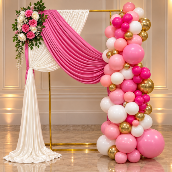 Pink and gold balloon backdrop with ivory draping, floral accents and organic balloon garland for Long Island parties