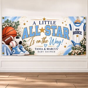 Personalized All-Star Sports Baby Shower Banner with blue and gold accents, sports balls, baby sneakers and parents' name