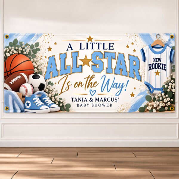 Personalized All-Star Sports Baby Shower Banner with blue and gold accents, sports balls, baby sneakers and parents' name