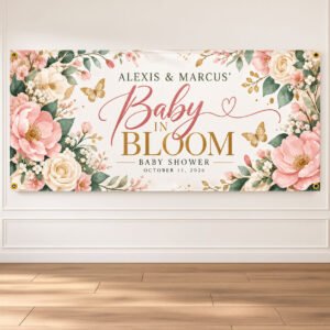Personalized Baby in Bloom floral baby shower banner with blush pink flowers, gold butterflies, sage greenery and custom parents' names
