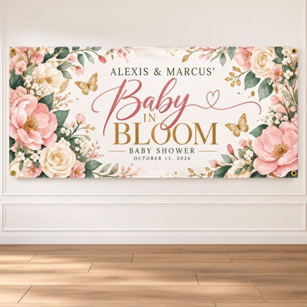 Personalized Baby in Bloom floral baby shower banner with blush pink flowers, gold butterflies, sage greenery and custom parents' names