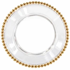 Clear plastic charger plate with gold beaded rim, featuring a transparent center and decorative metallic gold bead edging