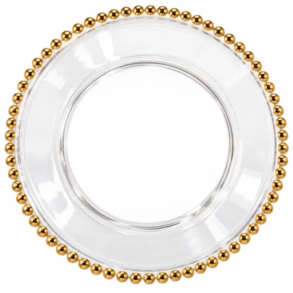 Clear plastic charger plate with gold beaded rim, featuring a transparent center and decorative metallic gold bead edging
