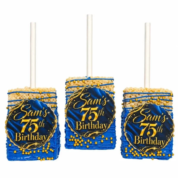 Custom blue and gold chocolate covered Rice Krispie treat pops with personalized 75th birthday edible designs and gold sprinkles.