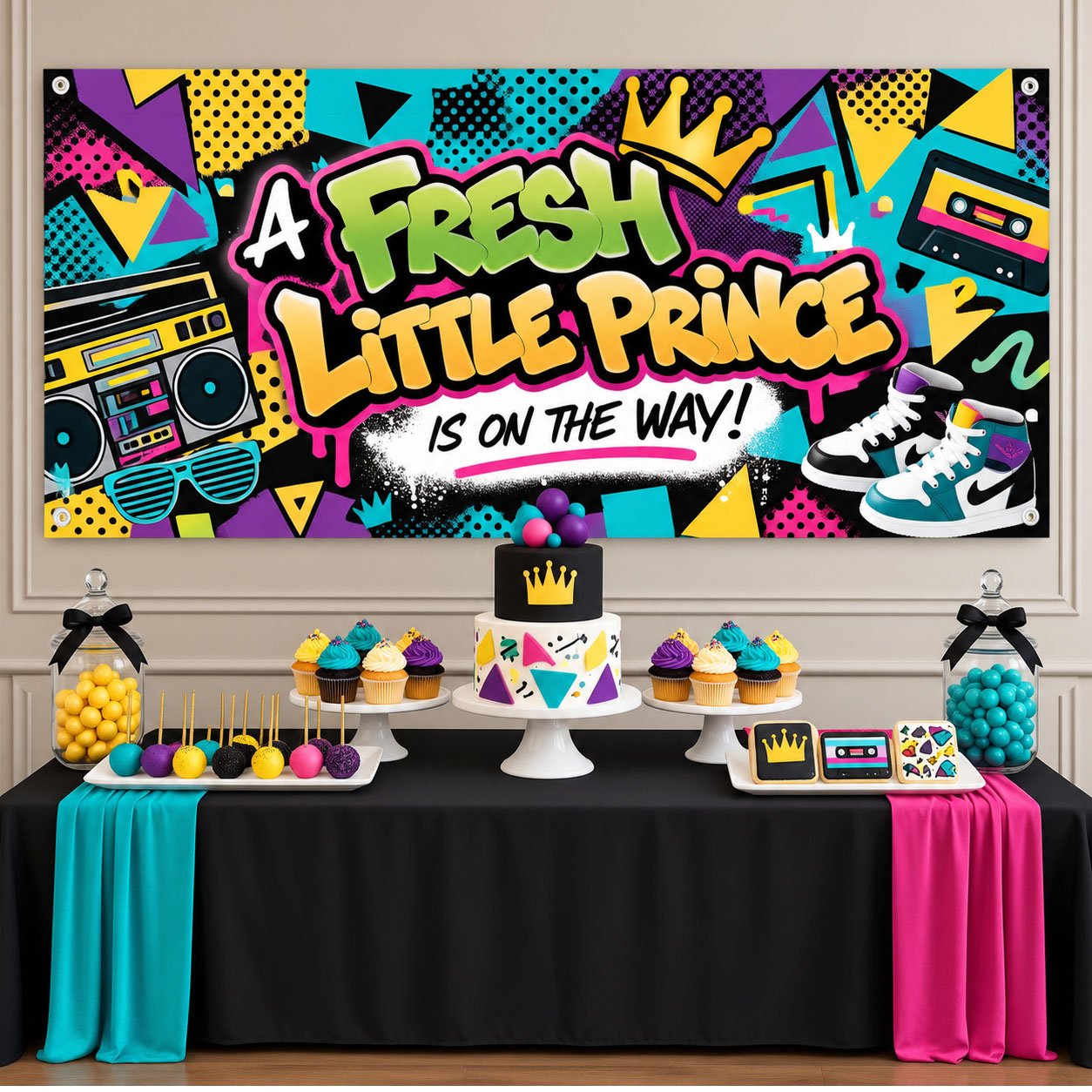 Fresh Little Prince banner with colorful 90s graffiti, retro boombox, gold crowns and baby high-top sneakers