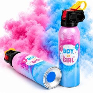 Pink and blue gender reveal smoke canisters with colorful smoke for baby shower celebrations