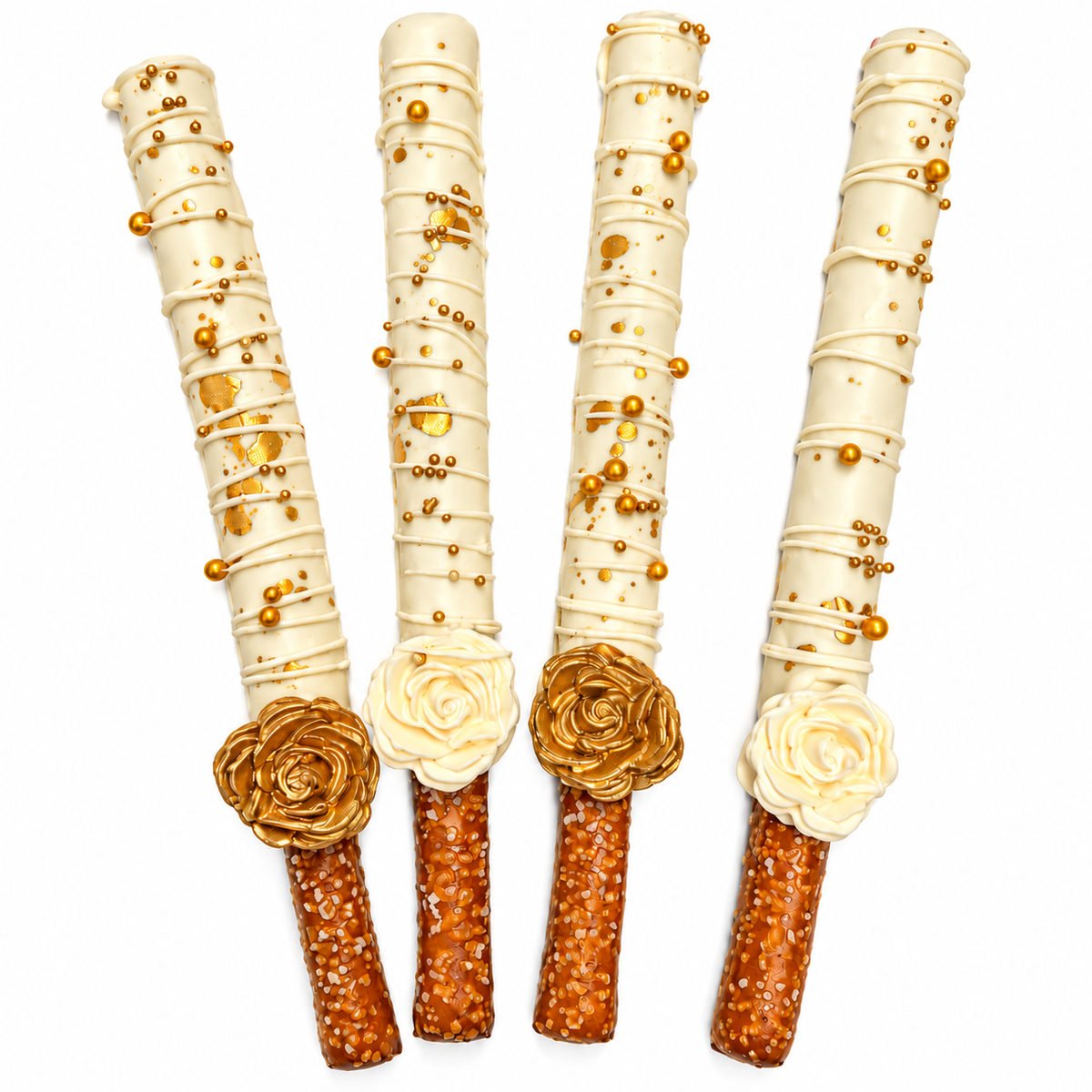 White Chocolate Covered Pretzel Rods with Gold Roses