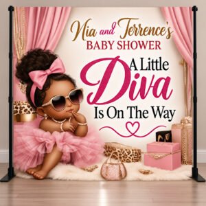 Little Diva baby shower backdrop featuring a baby girl in a pink tutu and sunglasses