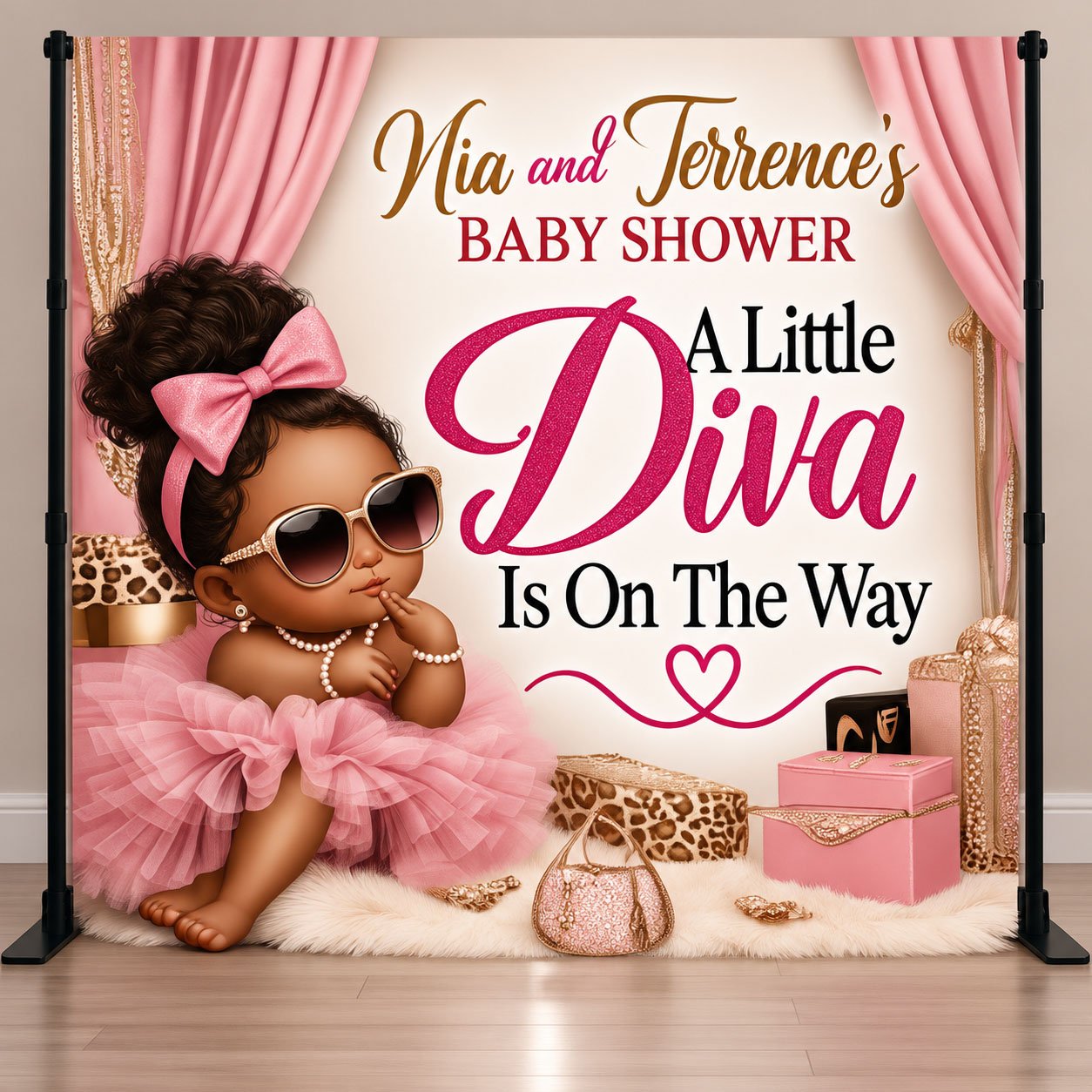 Little Diva baby shower backdrop featuring a baby girl in a pink tutu and sunglasses