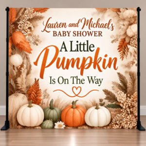 Little Pumpkin baby shower vinyl backdrop with fall pumpkins, pampas grass and autumn florals