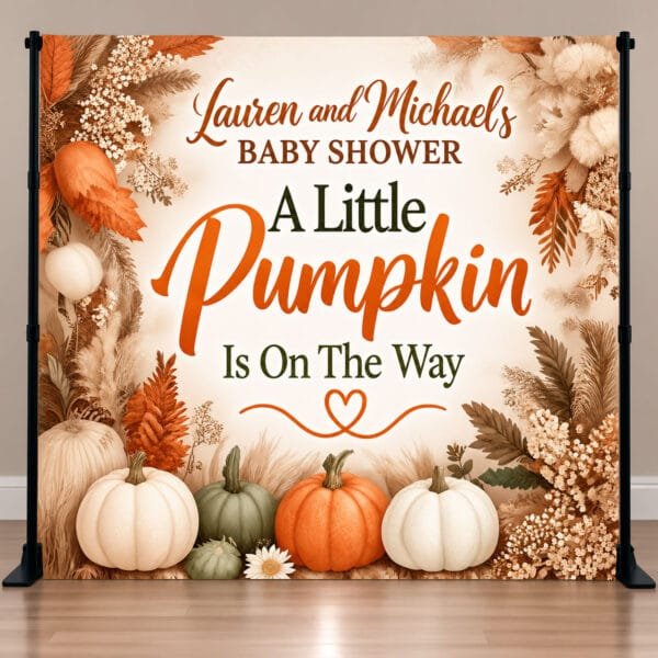 Little Pumpkin baby shower vinyl backdrop with fall pumpkins, pampas grass and autumn florals