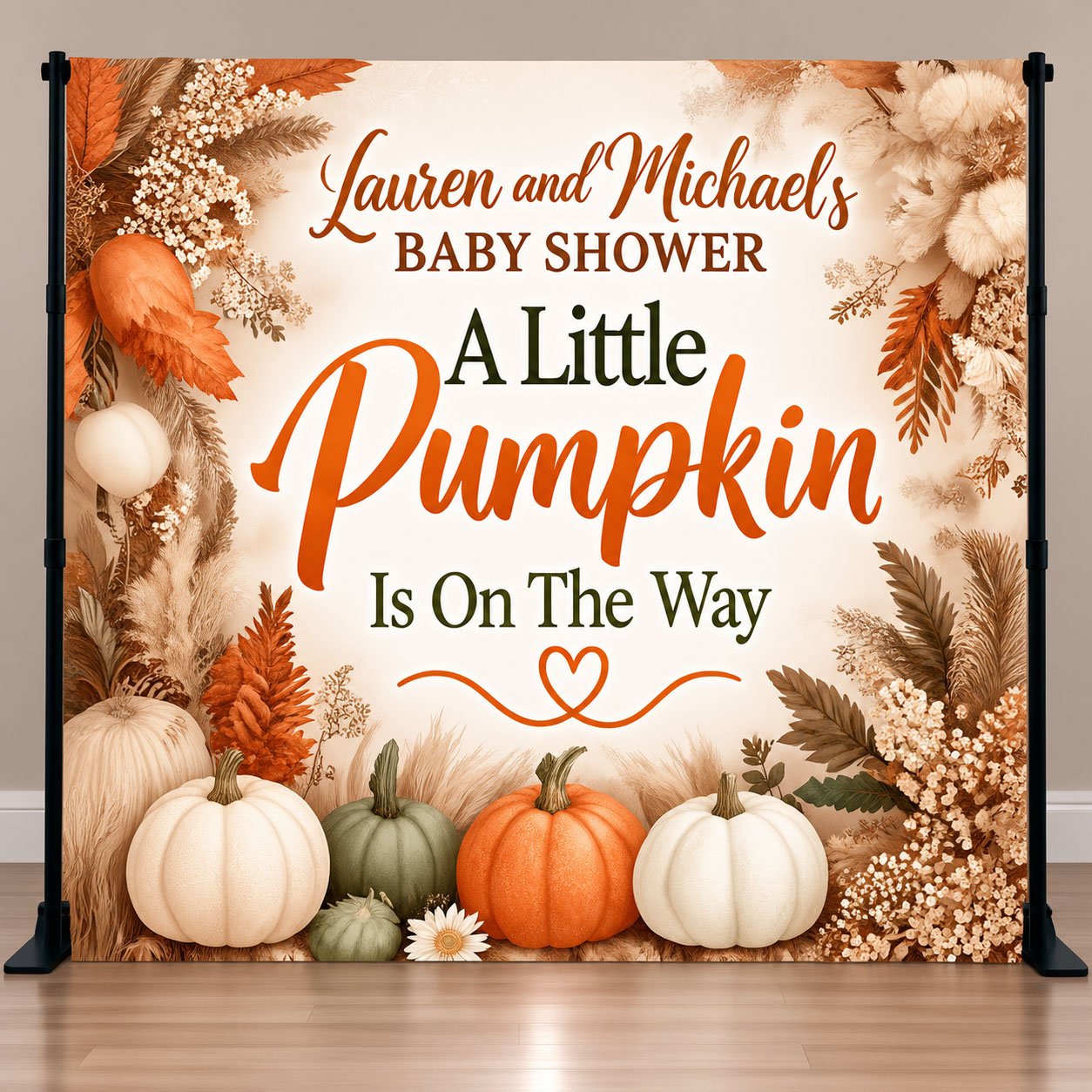 Little Pumpkin baby shower vinyl backdrop with fall pumpkins, pampas grass and autumn florals