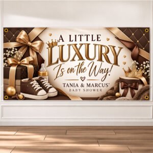 Personalized luxury baby shower banner in chocolate brown and champagne gold featuring baby sneakers, bows, crowns and custom names
