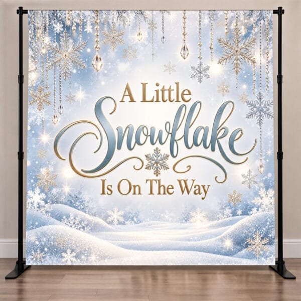 A Little Snowflake Is On The Way baby shower backdrop in icy blue, white and gold with hanging snowflakes